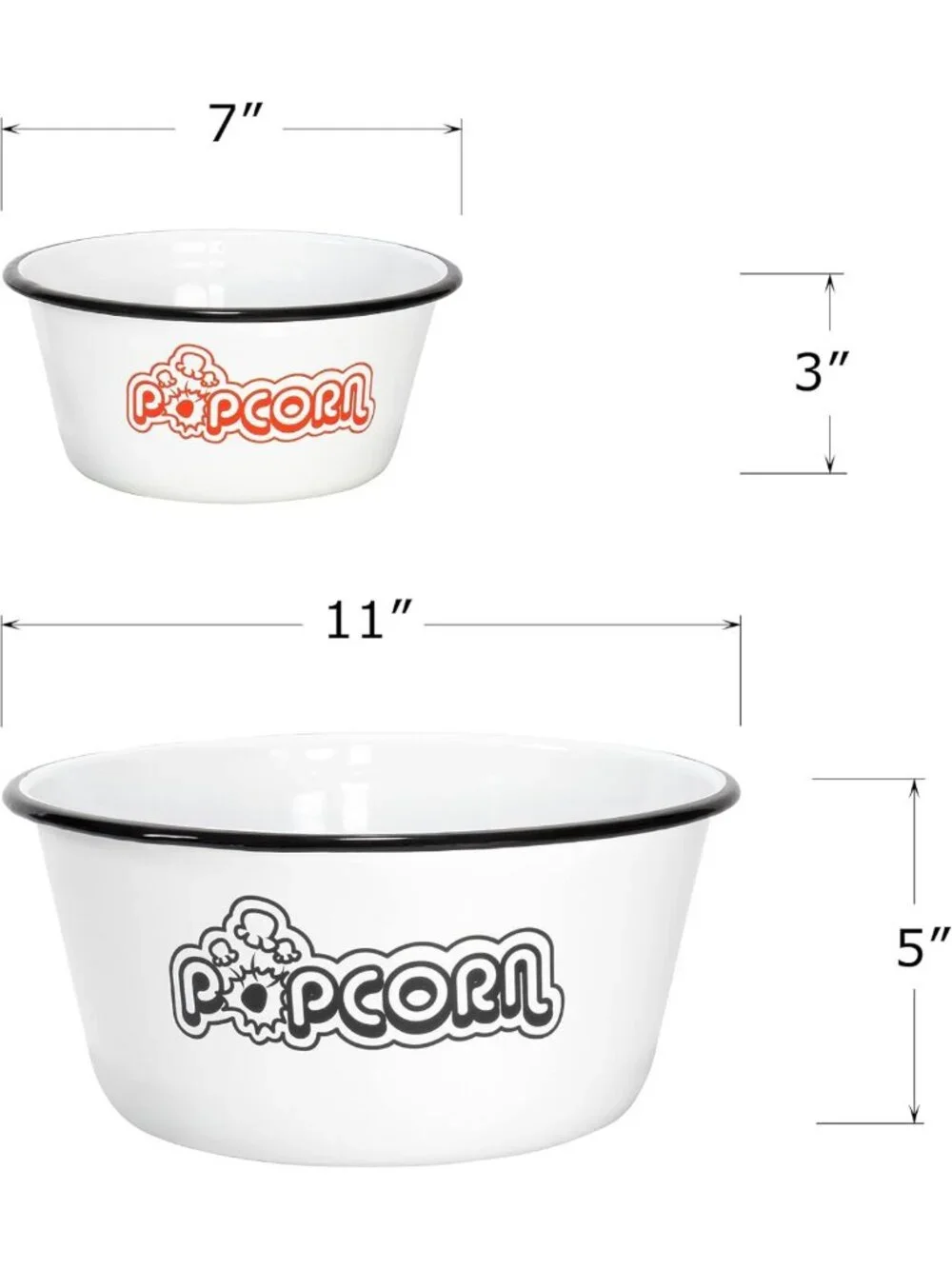 Set of 5 White Enamel Popcorn Bowls - Classic 4 Quart & 1.2 Quart, Assorted
